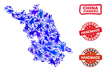 Vector handmade combination of Jiangsu Province map and corroded stamp seals. Mosaic Jiangsu Province map is made with random blue hands. Rounded and crooked red seals with corroded rubber texture.