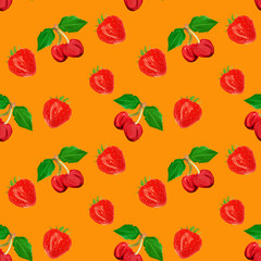 gouache seamless pattern with fruits and berries cherry and strawberry on a lush lava background, vegetarian pattern for diet, healthy eating. Use restaurant menu, packaging, product design,textile.