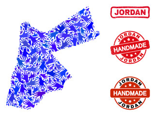 Vector handmade collage of Jordan map and scratched watermarks. Mosaic Jordan map is constructed with scattered blue hands. Rounded and awry red watermarks with scratched rubber texture.