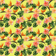 Seamless tropical pattern with plumeria and strelitzia with leaves on yellow background. Seamless pattern with colorful leaves of colocasia, filodendron, monstera. Exotic wallpaper. Hawaiian style. © Olena