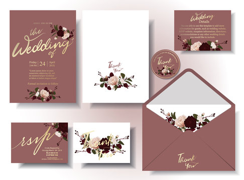 Vintage Rose brown copper color wedding invitation card set With flowers and berries written around the card .rsvp . Envelopes. Decorated in sets. Illustration/vector