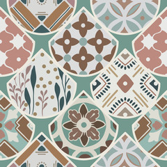 Luxury oriental tile seamless pattern in style of colorful floral patchwork boho chic with mandala in triangle design elements. Flower vector ornament background with eastern motif