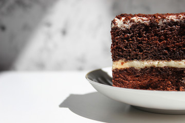 A slice of chocolate cake with white cream with a curl on a light background.