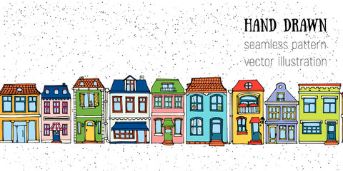 Horizontal seamless pattern hand drawn European city houses. Cute cartoon style vector illustration. Colorful modern townhouse building sketch. City buildings, Doodle decorative elements collection.