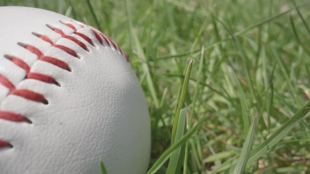 A baseball lying on the field close up macro as the camera slides past it