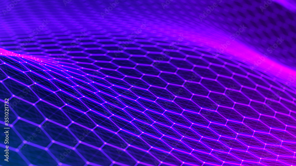 Poster neon light. technology background. honeycomb concept. big data. hexagonal space with connected dots 