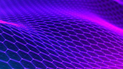 Neon light. Technology background. Honeycomb concept. Big data. Hexagonal space with connected dots and lines. 3d
