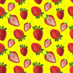 Seamless background with Strawberry on yellow.