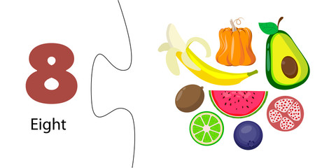 number 8 and eight fruits and vegetables. Learning bills for children. Educational card, worksheet for preschoolers. Elementary mathematics. Puzzle game, connect halves