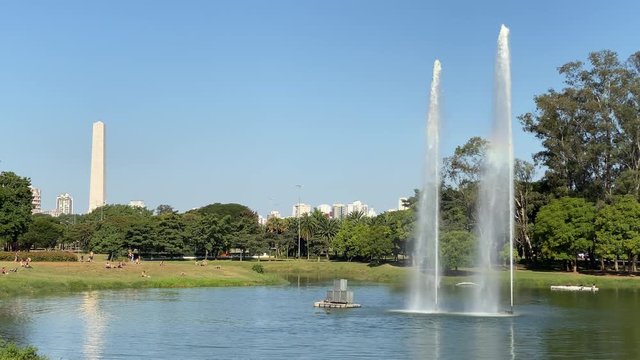 Sao Paulo, Brazil - May 10, 2020: Ibirapuera park, largest in town, with very few people. Empty during the quarantine due to the corona virus outbrerak.