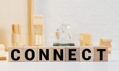 Connected, word cube with background.