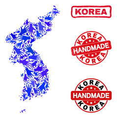 Vector handmade composition of Korea map and dirty stamp seals. Mosaic Korea map is formed with scattered blue hands. Rounded and awry red seals with scratched rubber texture.