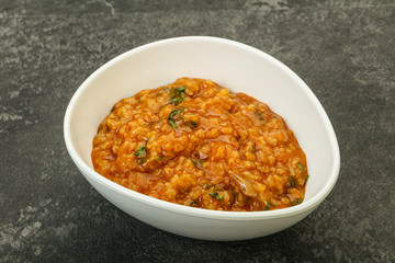 Traditional Georgian Kharcho soup with meat