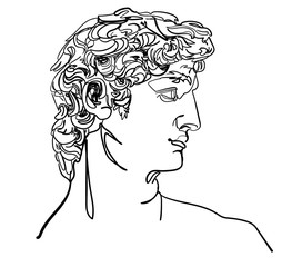 Greek statue. David's head, male head. One line drawing. Stylish print.