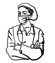 Female doctor in a protective mask. One line drawing. The doctor in a protective suit.