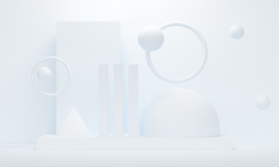 White abstract background with flying balls and rings. 3d rendering