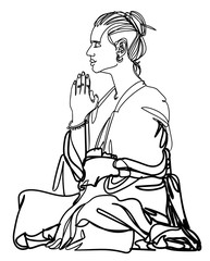 Buddhist monk is praying. Monk in prayer. One line drawing. Stylish print. Yoga, mantras, meditation.