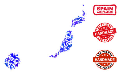 Vector handmade collage of Las Palmas Province map and rubber stamp seals. Mosaic Las Palmas Province map is designed with scattered blue hands.