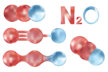 Set of nitrous oxide molecule N2O. Vector ball-and-stick model. Isolated vector illustration on white background of gas atoms. Chemical element.