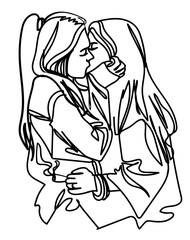 Two girls kiss each other. One line drawing. Stylish print, free love.