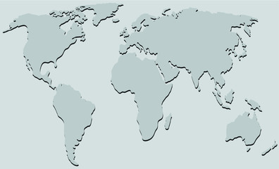 Vector map of the world. Grey continents dropping shadows to light grey background