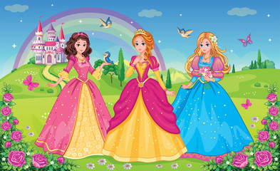 Obraz na płótnie Canvas Set beautiful elf princesses. Children's background with castle, rainbow and fabulous flower meadow. Wallpaper for girl. Wonderland. Cartoon illustration. Postcard for friends or family. Vector.