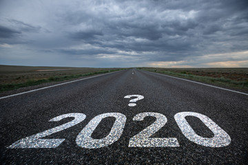 Desert road with the text 2020 and a question mark.