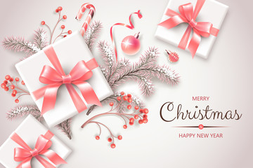 Banner with Christmas symbols and text. Christmas tree, gift, berries, decoration, ribbons and other festive elements on light background.