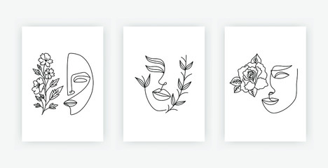 Minimal one line woman faces. Linear design templates female portrait with flowers and leaves, vector set of simple continuous line posters, covers. Abstract print fashion concept