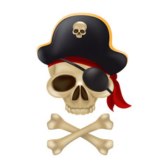 Pirate skull with crossbones in the captain's hat. 3D sign or buccaneer emblem. Funny vector illustration of jolly roger with a red bandana and black blindfold isolated on white background