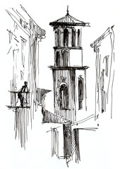 Old city tower on a street of Italy. Hand drawn sketch
