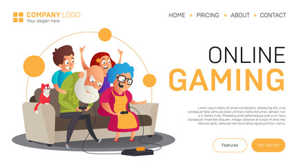 Online gaming landing page or banner template. Vector illustration in flat style with funny grandparents play video games with their grandchildren while sitting on the sofa isolated on white