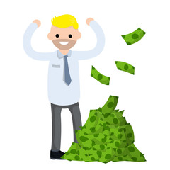 Office worker in white shirt. Big hand with green money. Happy man. Cartoon flat illustration. Payment and business