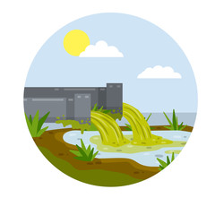 Fototapeta premium Industrial discharge from the pipe. Pollution of nature and ecology. Green stream in the river. Chemical waste. Cartoon flat illustration. Modern problem