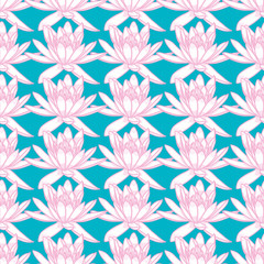 Cross-hatching Water Lily repeating pattern. Pink pond floral seamless vector illustration.