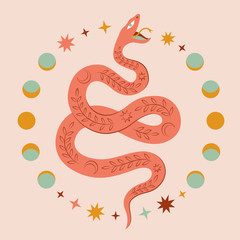 Obraz premium Modern abstract art print with snake, tropical branch, stars, Moon phases. Boho style. Cosmic minimalistic scene. Isolated elements. Pastel colors clipart image. Magic mystic esoteric concept