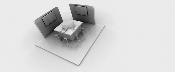 Corporate booth, isolated on white, with copy space. Original 3d rendering