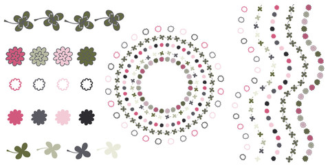 Vector brush in pink and green with leaves and flowers. Great for cards, invitations, social media, sticker, marketing.