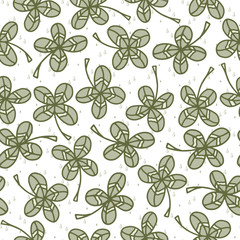 Vector nature pattern in green. Simple doodle four-leaf clover made into repeat. Great for background, wallpaper, wrapping paper, packaging, fashion.