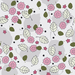 Vector nature pattern in grey, green and pink. Simple doodle flowers and leaves made into repeat. Great for background, wallpaper, wrapping paper, packaging, fashion.