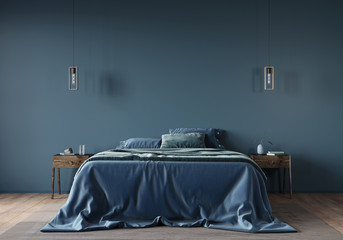 The interior of the bedroom in dark blue with a wide bed