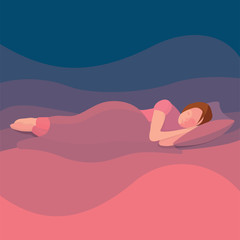 Sleeping woman. Woman sleeping in bed with blanket. Bedroom vector illustration. Lady sleeping at night. Woman sleep in bed under duvet.
