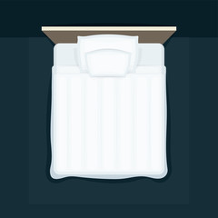 Empty bed top view vector illustration. Pillow and blanket on double bed. 