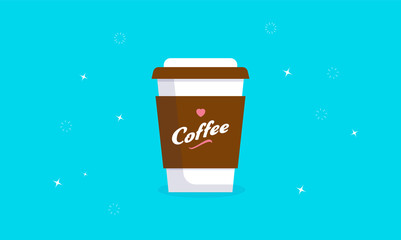 Takeaway coffee vector illustration. A disposable cup of fresh coffee with text and a red heart in flat 2d design.