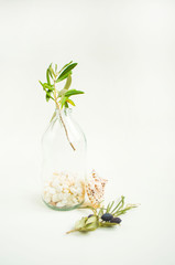 An olive branch in a vintage glass bottle on white wall background and a handmade olive soap bar.