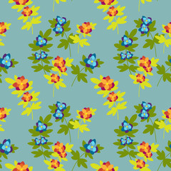 Fototapeta na wymiar Floral seamless pattern with blue and red decorative flowers and branches on blue-gray background. Textile and paper design