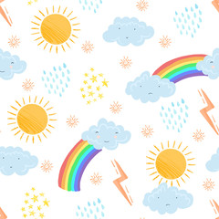 Seamless pattern with cute textured cartoon weather elements in pastel colors. Funny vector clouds, sun and rainbow texture for kids textile design, wrapping paper, surface, wallpaper, background