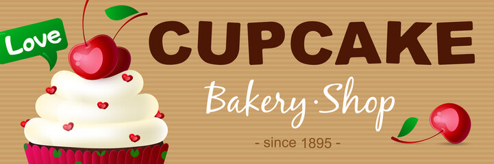 Banner cupcake bakery shop. A cake, a cupcake with cream and ripe cherries. Suitable for posters, advertisements, announcements, labels, menus for cafes and restaurants. Vector illustration