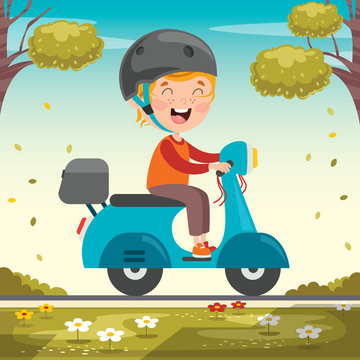 Funny Kid Driving Colorful Motorcycle