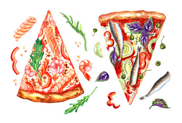 Pizza with anchovies and pizza with salmon and shrimp with toppings ingredients, watercolor illustration on a white background. Graphic print with Italian food for posters, menus, etc.